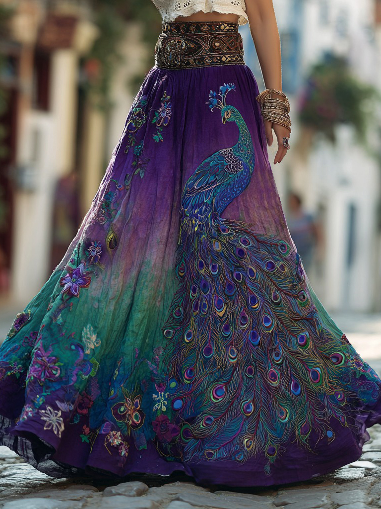 Retro Floral With Peacock Art Linen Blend Casual Maxi Skirt