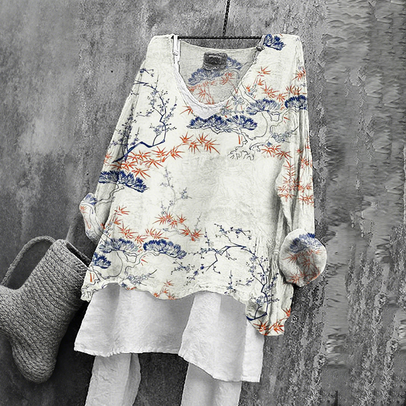 Japanese Floral Art Print V-neck Loose T-shirt