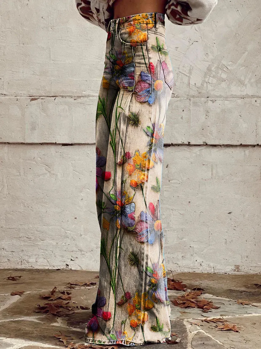 Floral Print Casual Wide-Leg Pants