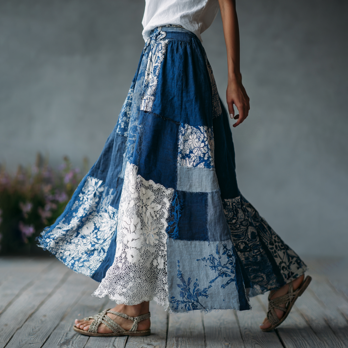 Retro Floral Embroidery Patchwork Art Linen Blend Casual Midi Skirt