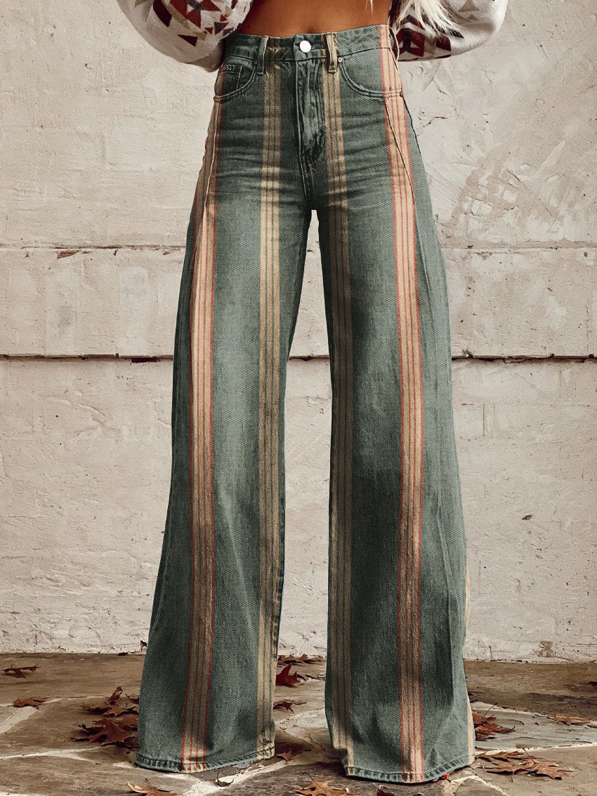Green Stripe Print Casual Wide-Leg Pants