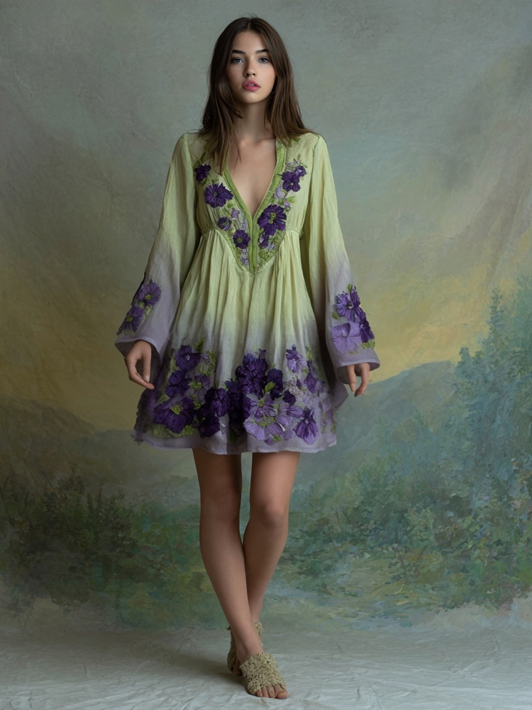 Purple Floral Embroidered Gradient Flowy Linen Mini Dress