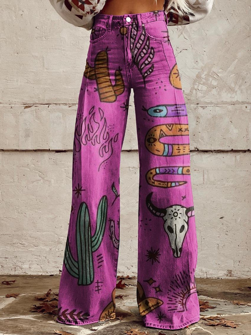 Purple Western Element Print Casual Wide-Leg Pants