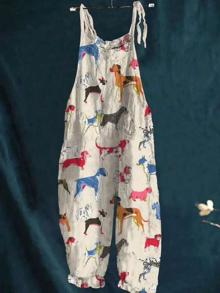 Vintage Lovely Dogs Art Print Casual Wide-Leg Jumpsuit