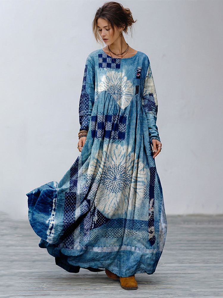 Vintage Floral Geometric Embroidery Linen Maxi Dress