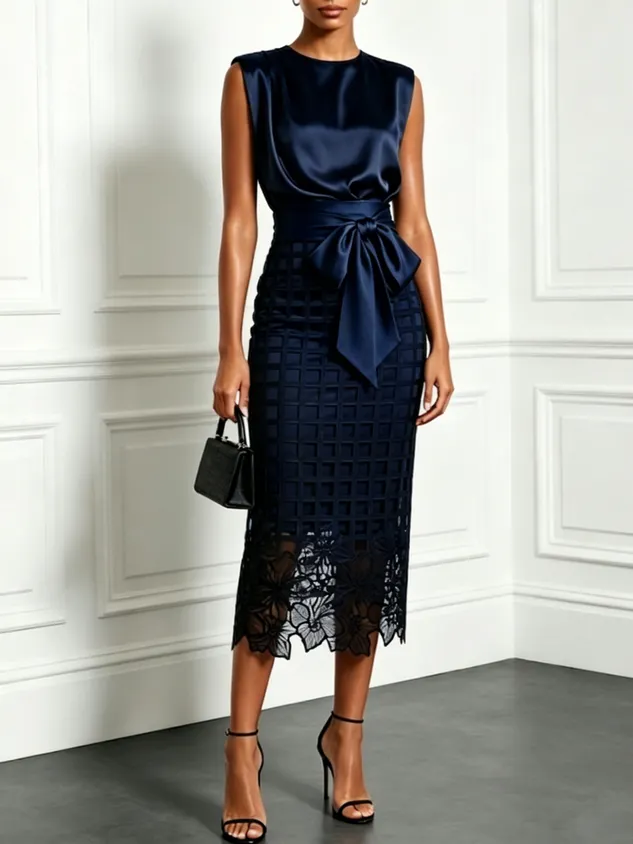 Champagne Lace Crew Neck Sleeveless Elegant Top With Skirt Two-Piece Set