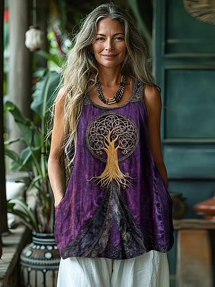Vintage Tree Of Life Graphic Art Suspender Sleeveless Top