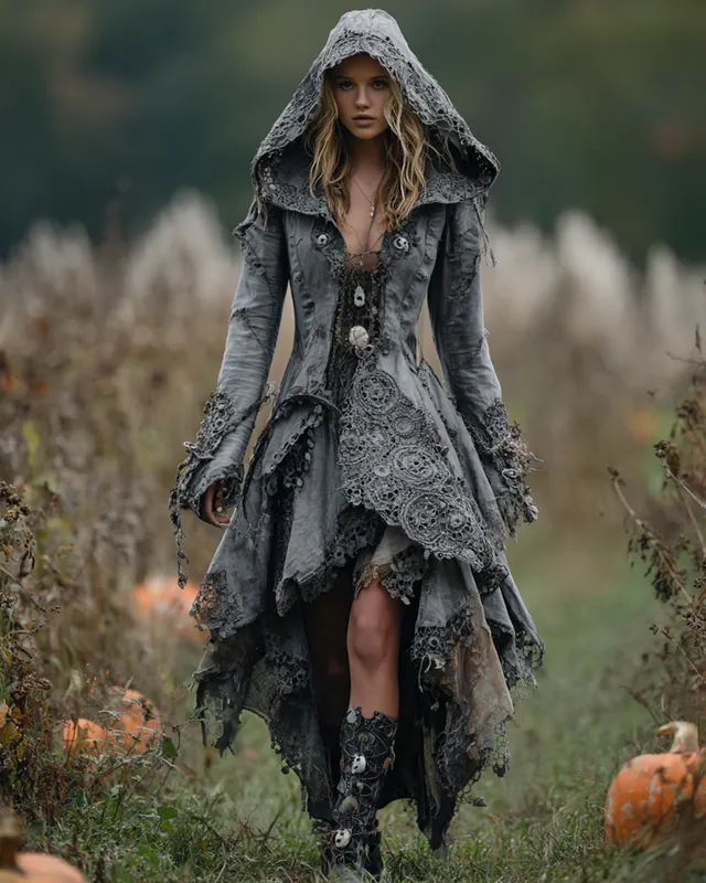 Bohemian style Irregular Lace Patchwork Hooded Evening Dress 5bbc