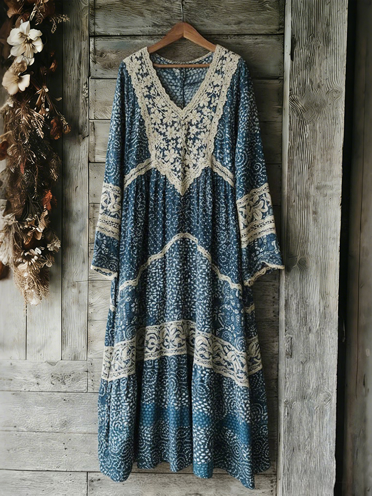 Vintage Japanese Traditional Sashiko With Lace Art Pattern Linen Blend Maxi Dress