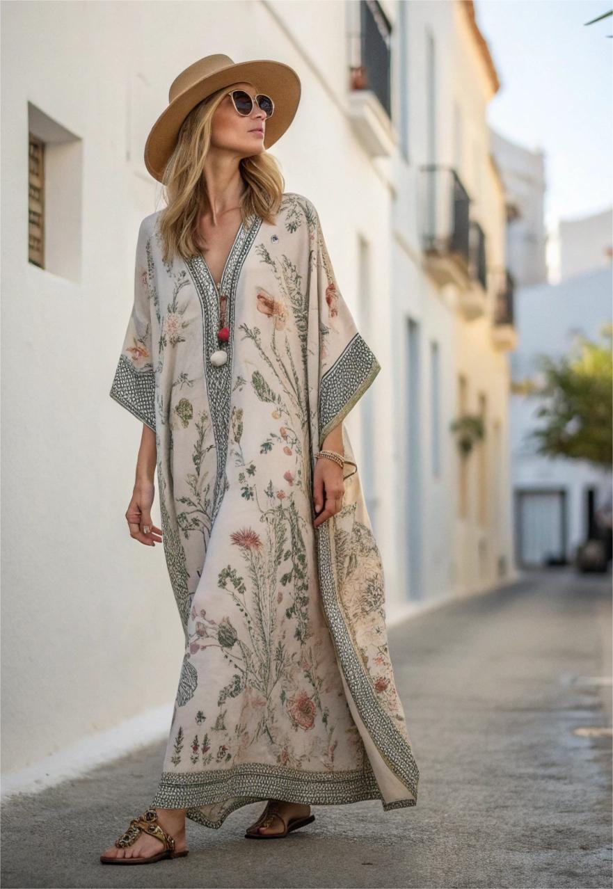 Cotton & Linen Long Sleeve Kaftan Maxi Dress