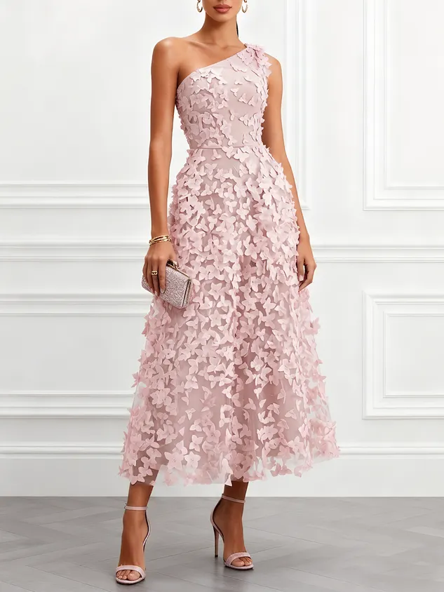 Light Blue 3D Floral Classic One-Shoulder Sleeveless A-Line Midi Dress