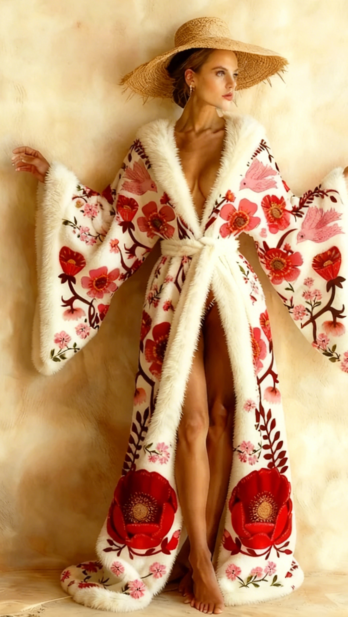 Abstract  Art Print Kimono Long Gown Autumn and Winter Robe With Belt