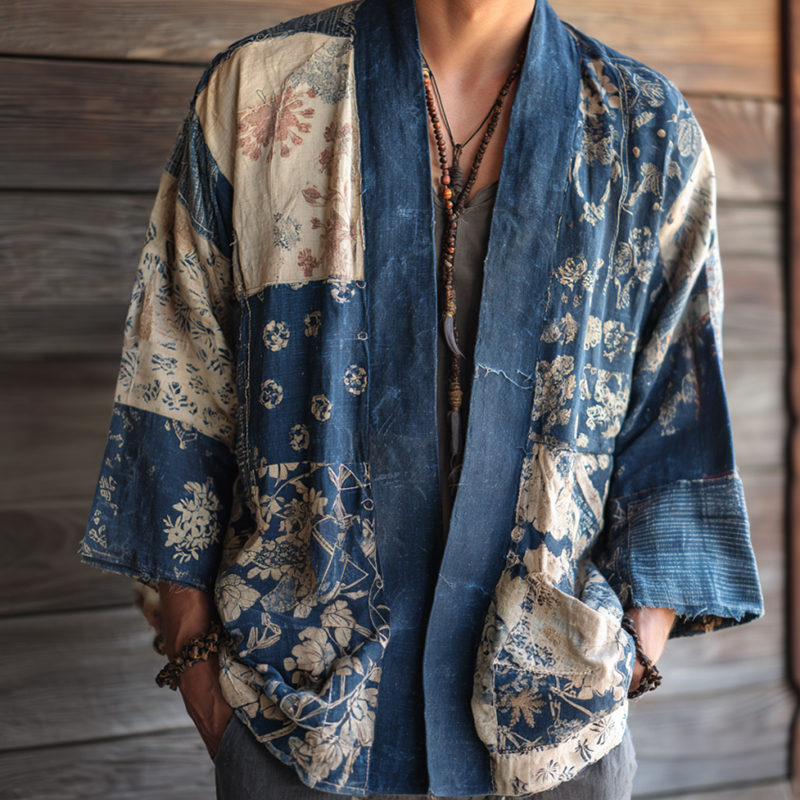 Vintage Japanese Traditional Sashiko Patchwork Art Print Cotton & Linen Blend Kimono Cardigan