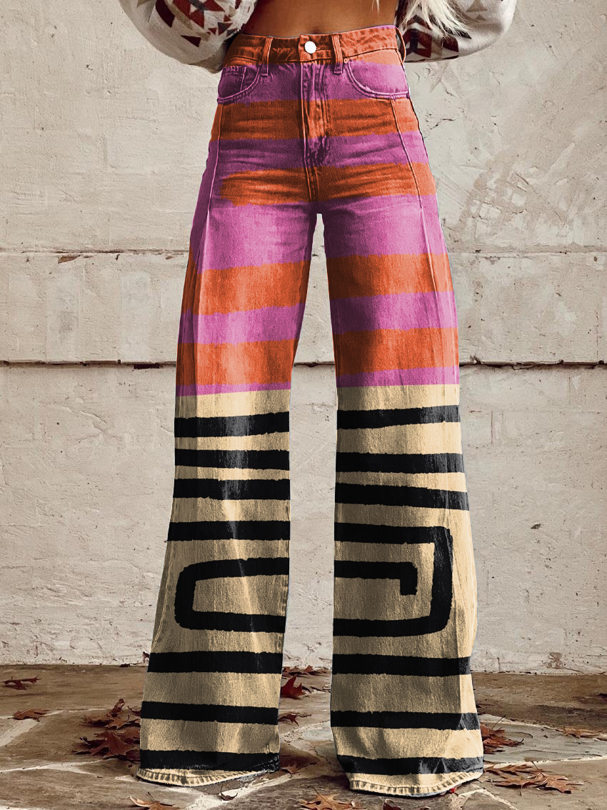 Retro Geometric Abstract Art Print Wide-Leg Pants