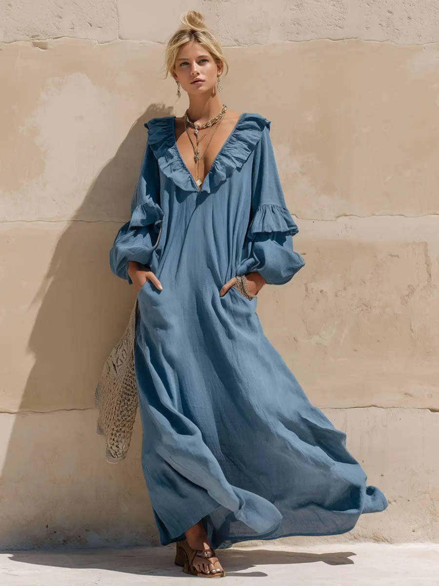 Loose-fitting V-neck Ruffled Double-pocket Cotton & Linen Long-sleeved Maxi Dress