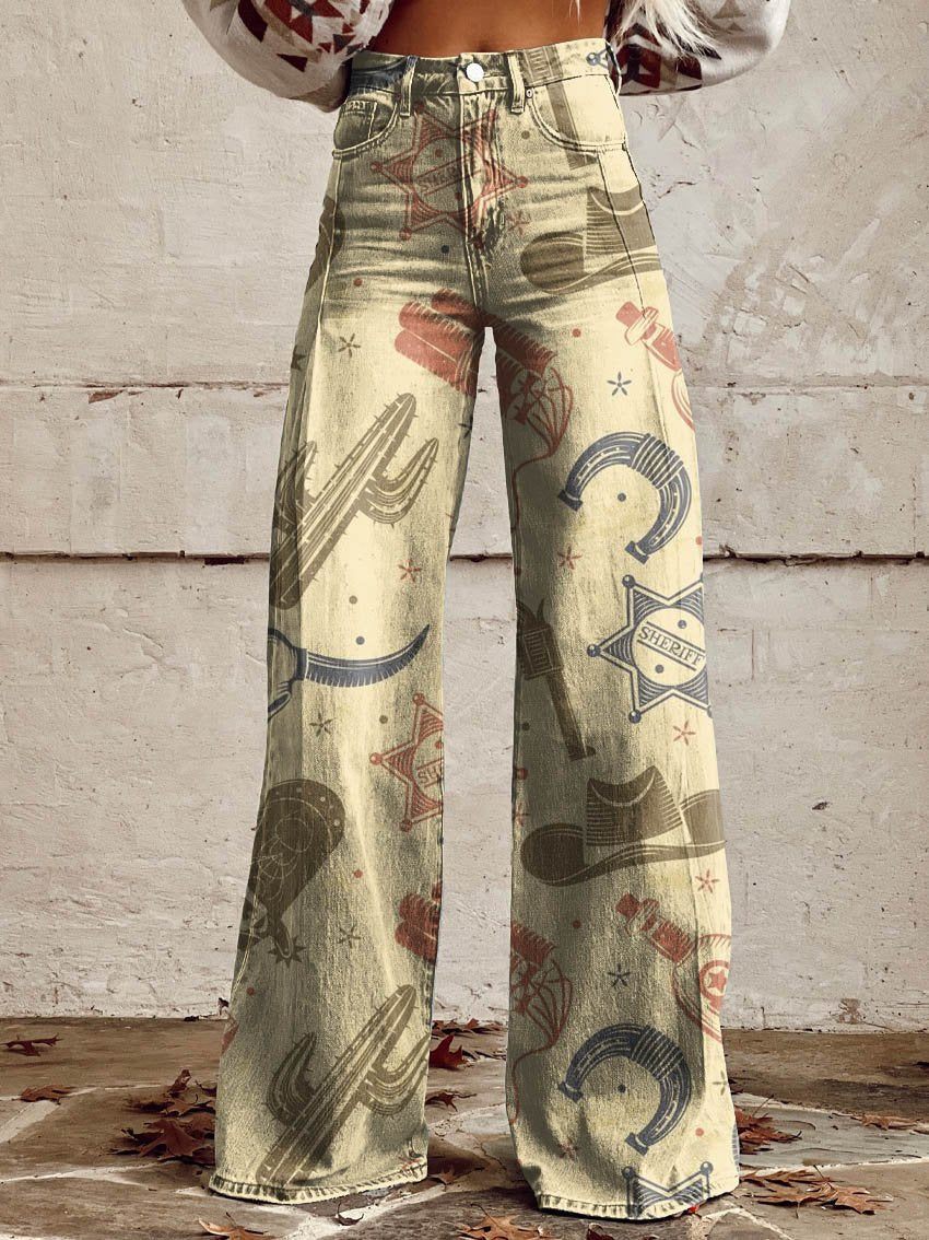 Cowboy Theme Print Casual Wide-Leg Pants