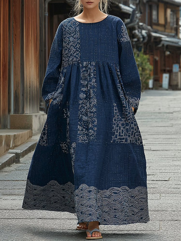 Japanese Waves Art Linen Flowy Maxi Dress