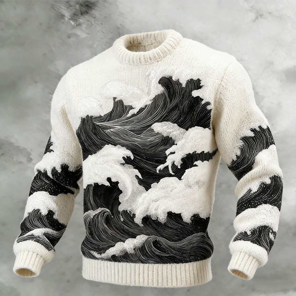 Japanese Art Style Wave Pattern Men's Sweater