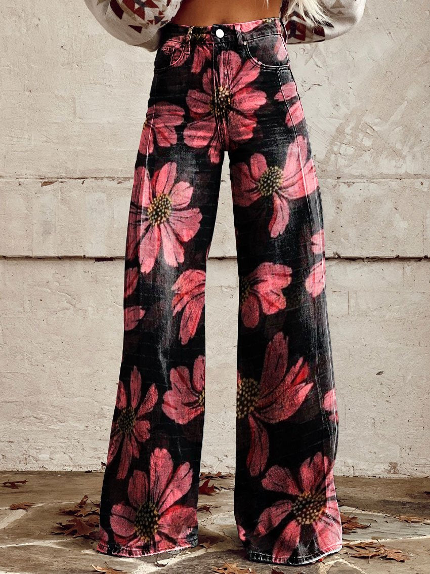 Vintage Flower Print Casual Wide-Leg Pants