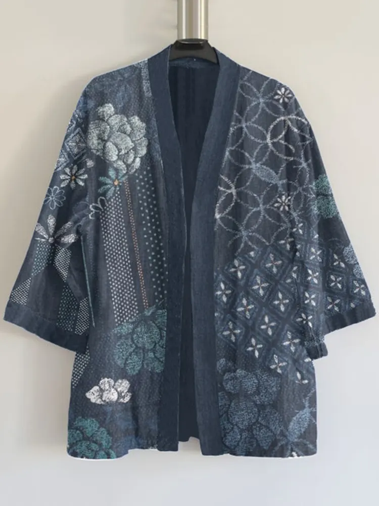 Japanese Traditional Sashiko Floral Art Pattern Art Print Linen Blend Kimono Cardigan