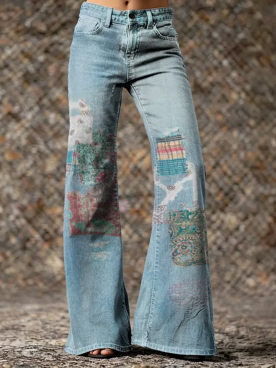 Ethnicity Patchwork Flowers Women's Print Casual Wide Leg Pants