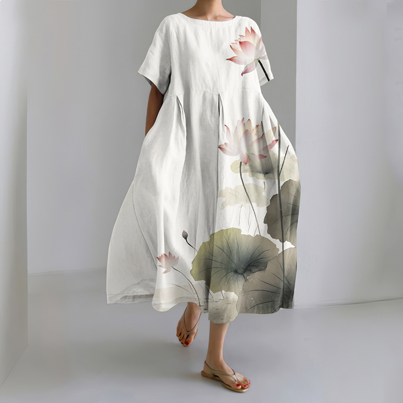 Japanese Art Lotus Print Midi Dress