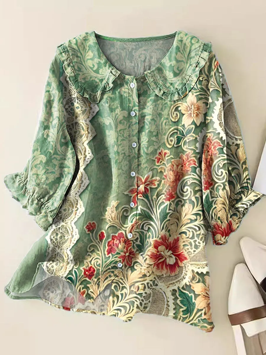 Vintage Floral Art Print Casual Peter Pan Collar Cotton Shirt
