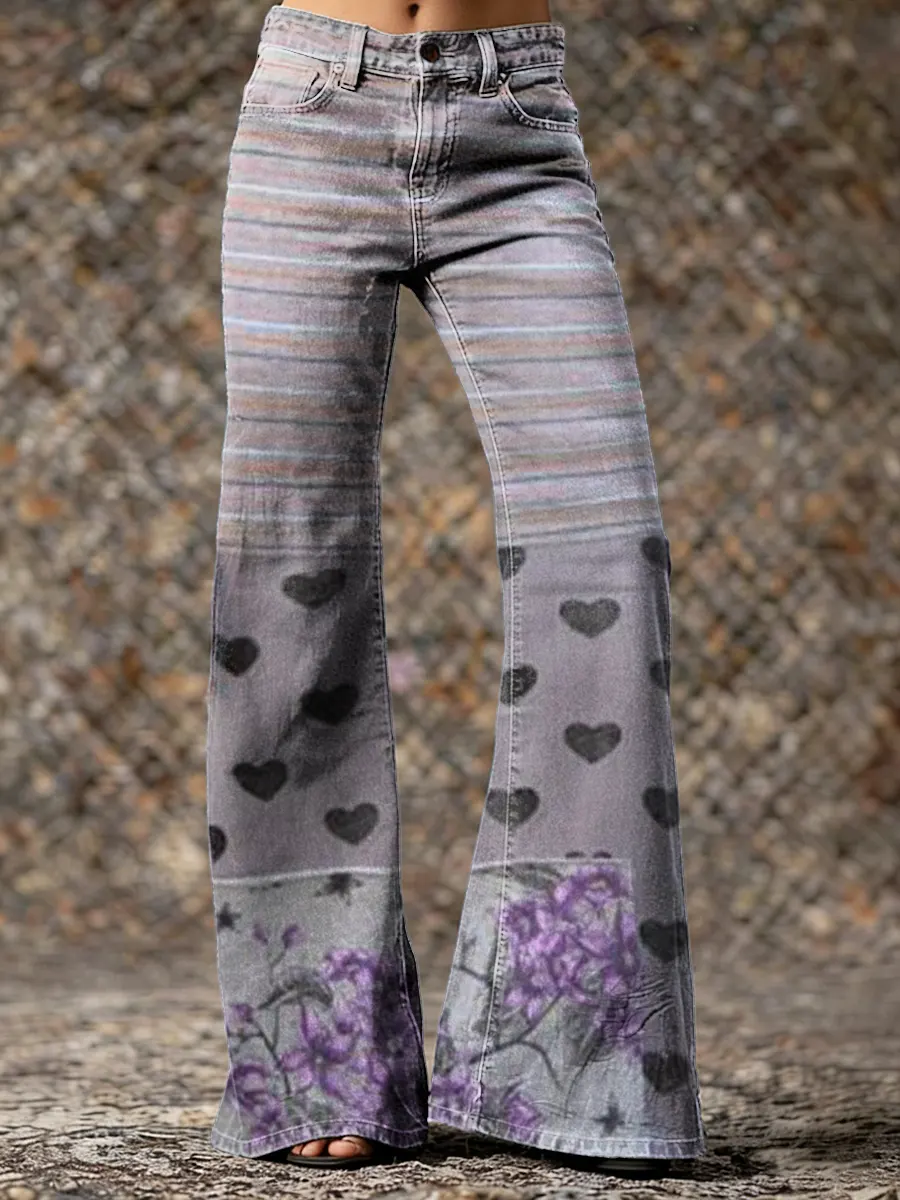 Vintage Striped Heart Floral Art Print Casual Washed Cotton Denim Pants