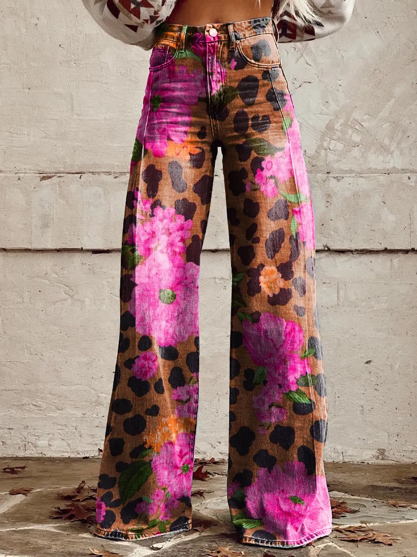 Leopard Print Casual Wide-Leg Pants