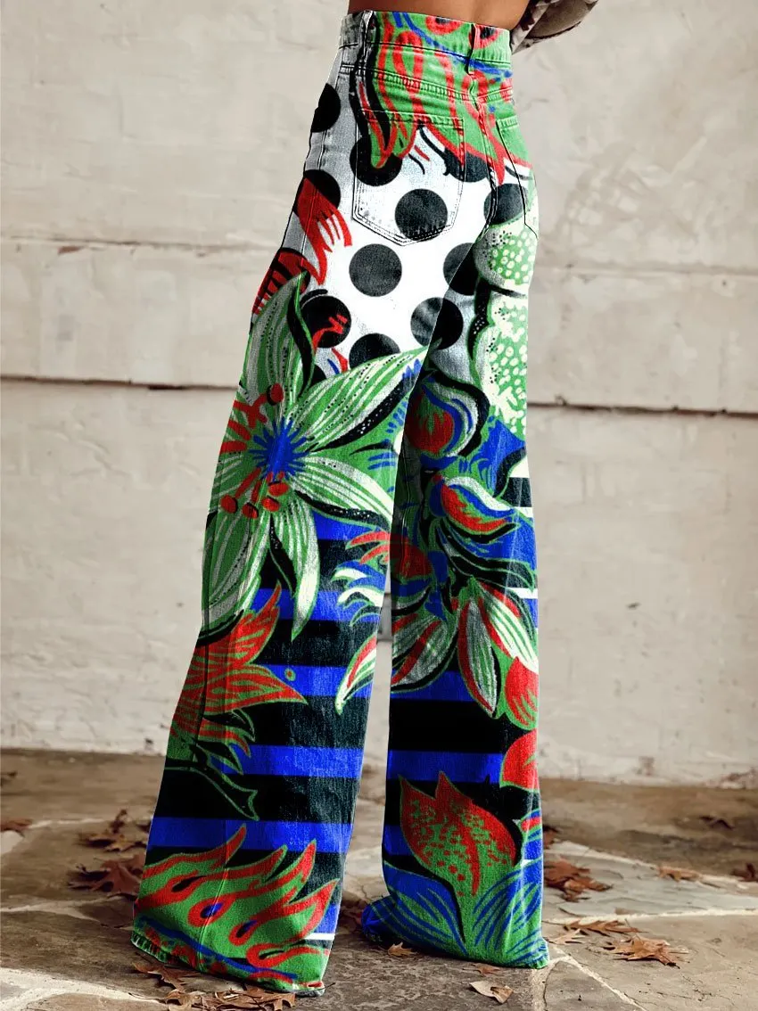 Vintage Print Casual Wide-Leg Pants