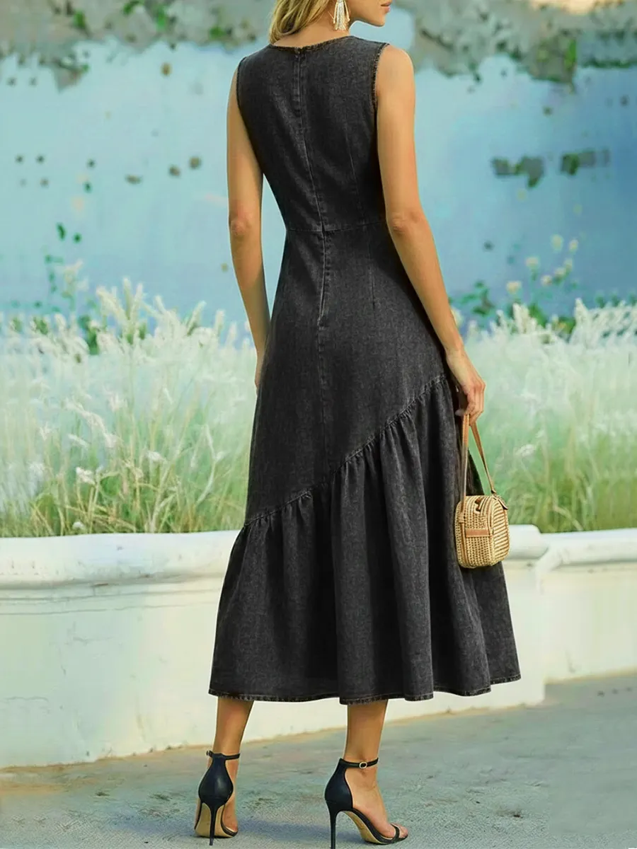 Sleeveless Cotton Denim Dress With Ruffled Hem
