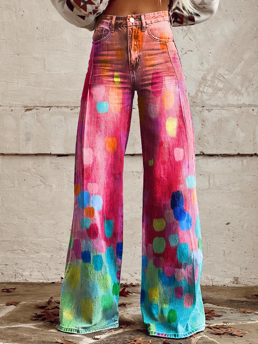 Bright Color Block Print Casual Wide-Leg Pants