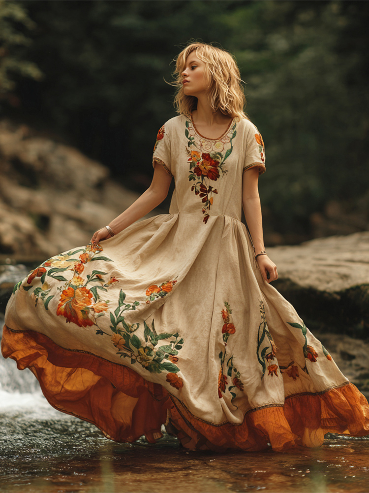 Boho Vintage Floral Art Women's Linen Short Sleeve Flowy Maxi Dress