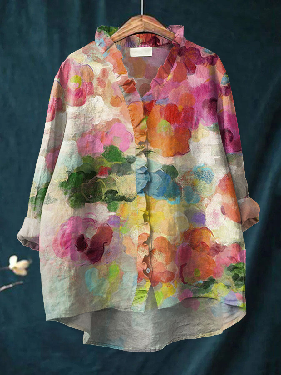 Vintage Flowers Art Print Casual Cotton & Linen Ruffle Shirt