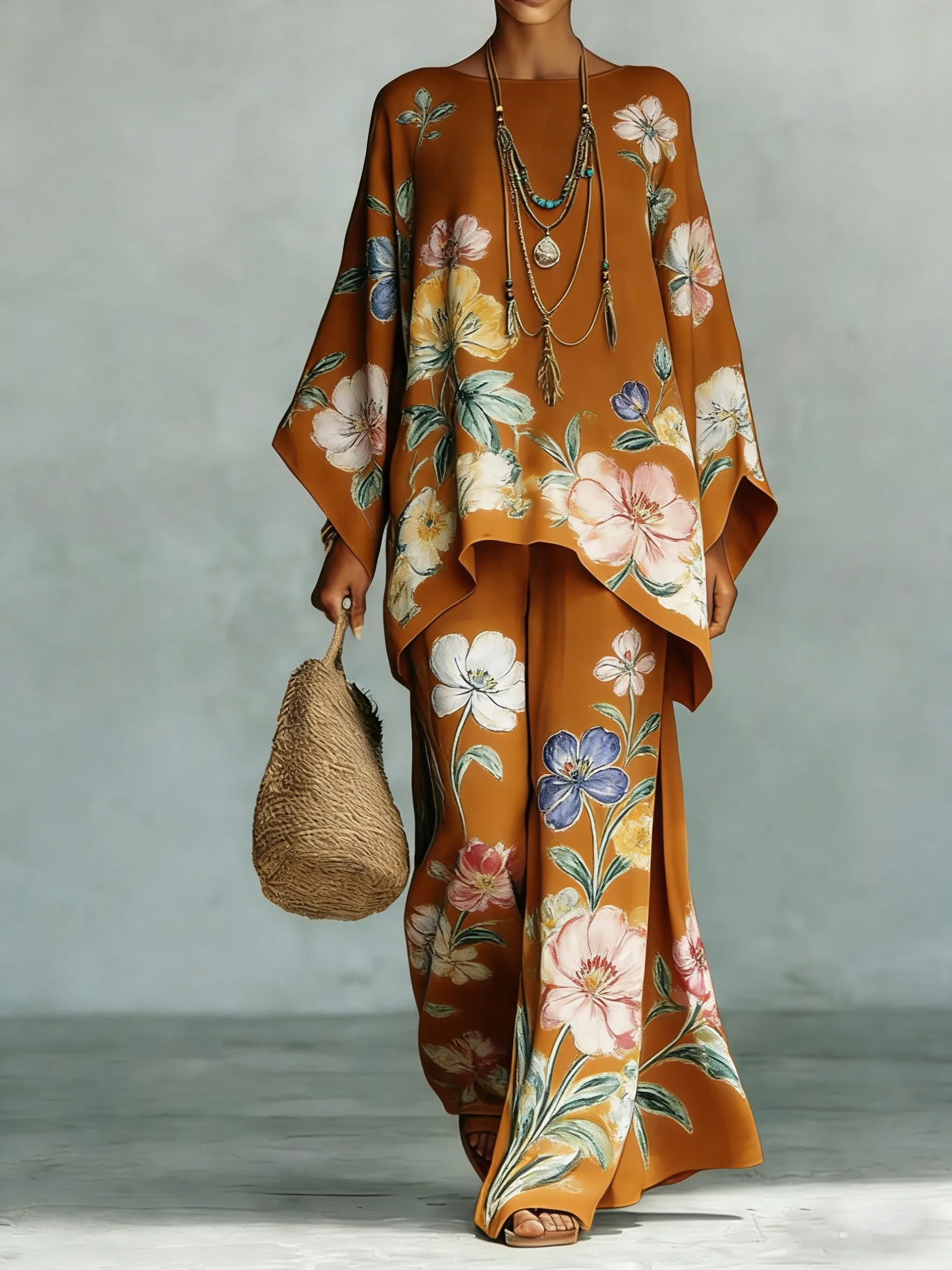 Comfortable & loose print pattern cotton & linen wide-leg pants two-piece set