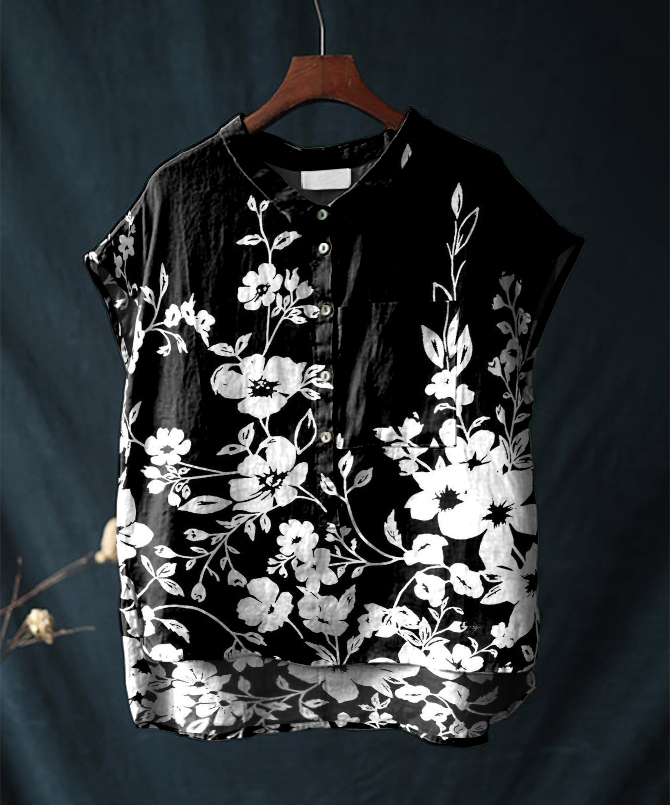 Vintage Floral Print Short-sleeved Cotton & Linen Shirt