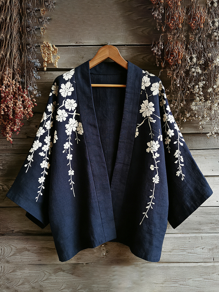 Retro Japanese Floral Art Print Cotton & Linen Blend Kimono Cardigan