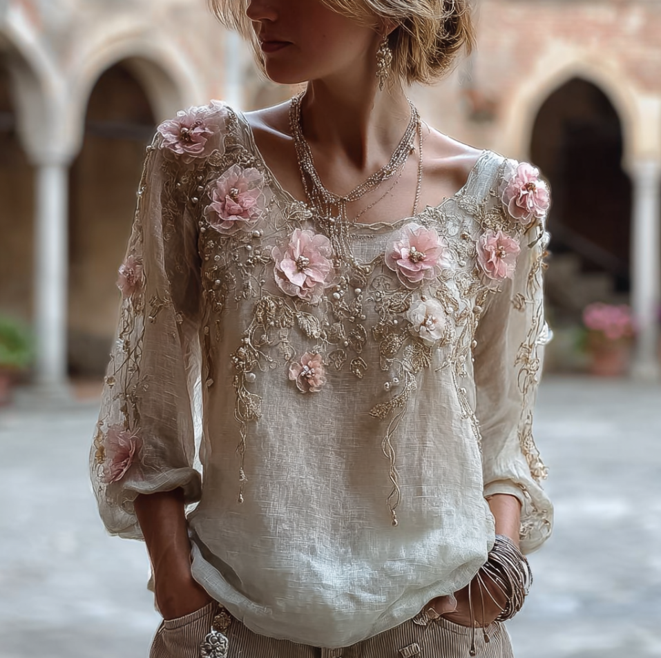 Bohemian Style Round Neck Short Sleeve Three-dimensional Flower Design Women's Thin Top