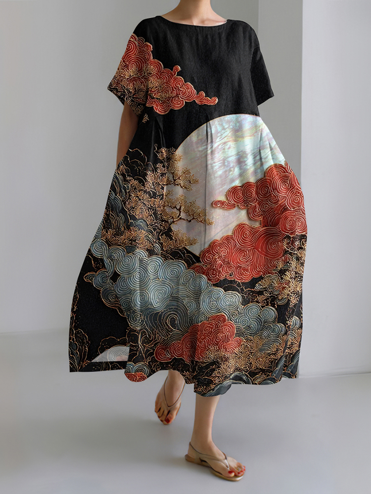 Japanese Art Print Short Sleeve Crew Neck Midi Dress