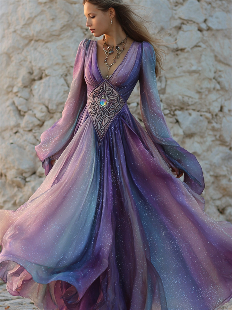 Vintage Opal Celtic Glitter Gradient Flowy Maxi Dress