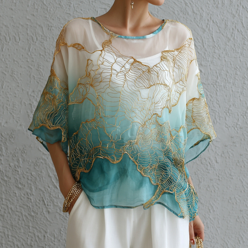 Vintage Marble Texture Collection Retro Bohemia Women Style Gradient Gilded Pattern Round Neck T-shirt