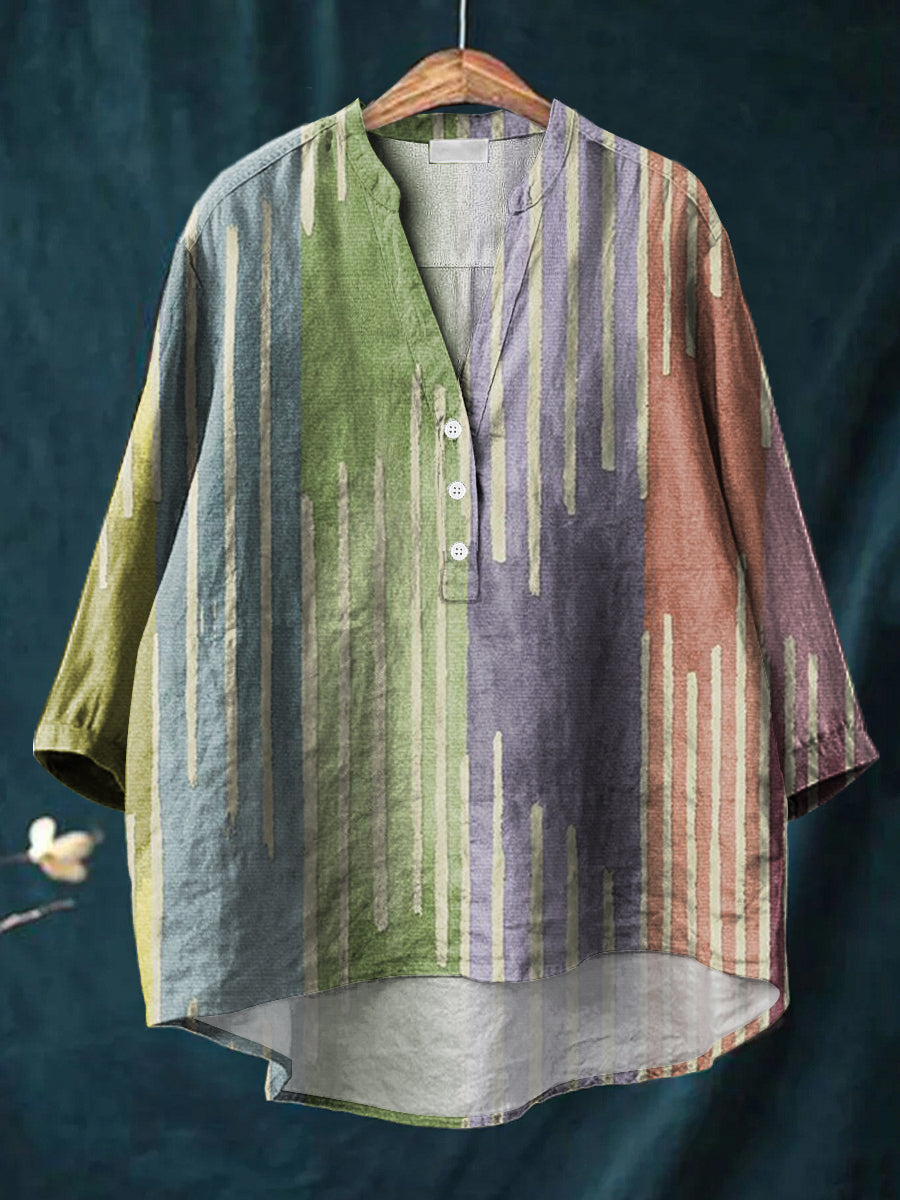 Colourful Art Lines Print Casual Cotton & Linen Ruffle Shirt