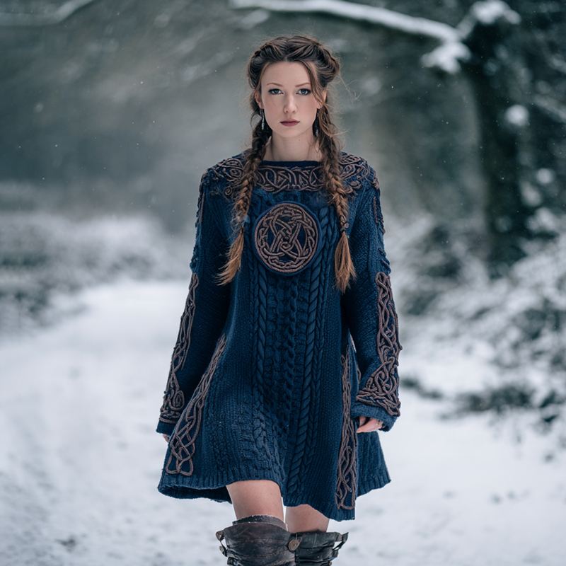 Vintage Viking Celtic Knot Art Knit Cozy Casual Cozy Knit Mini Dress