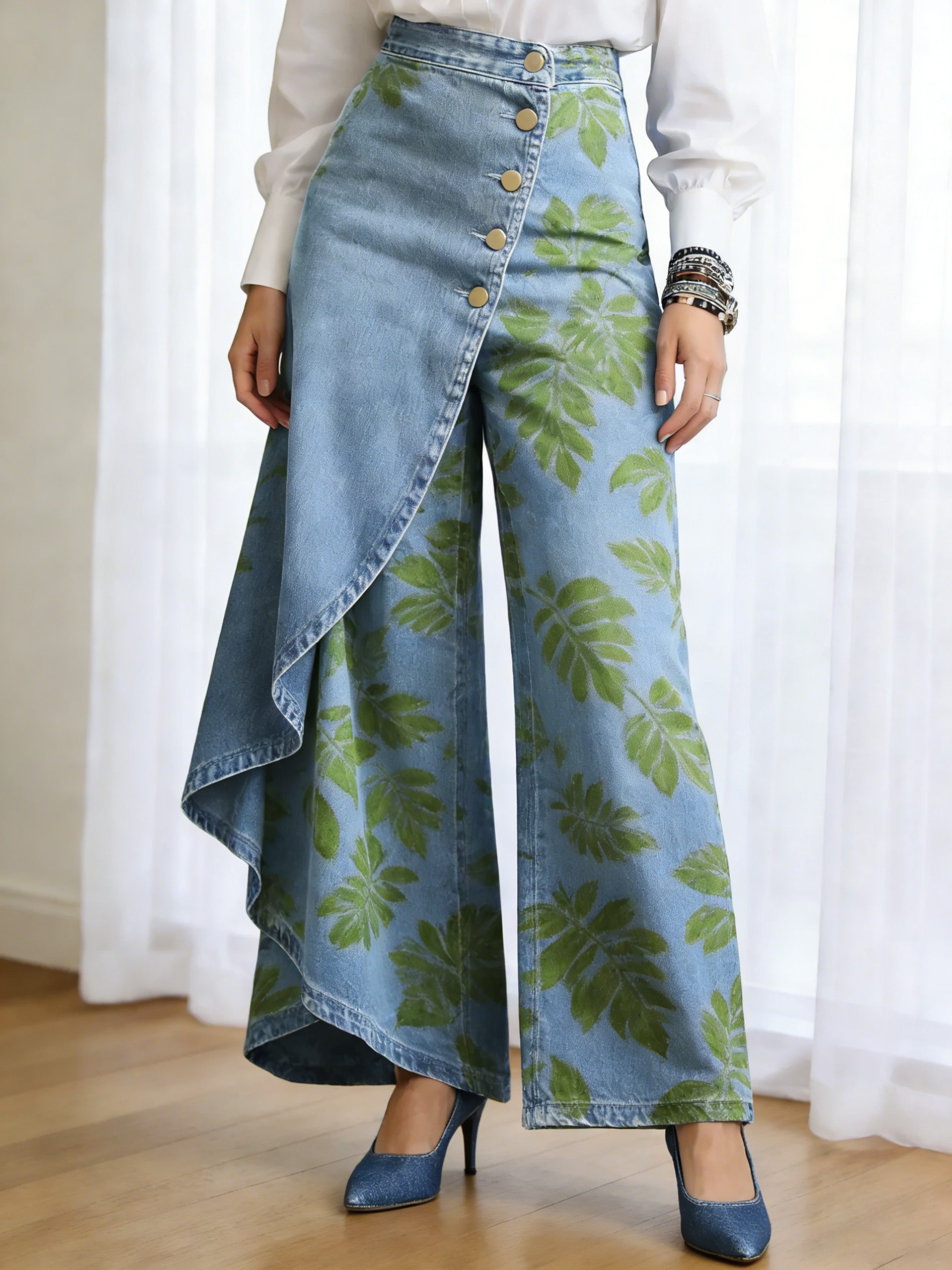 Art Print Casual Washed Denim Cotton Pants