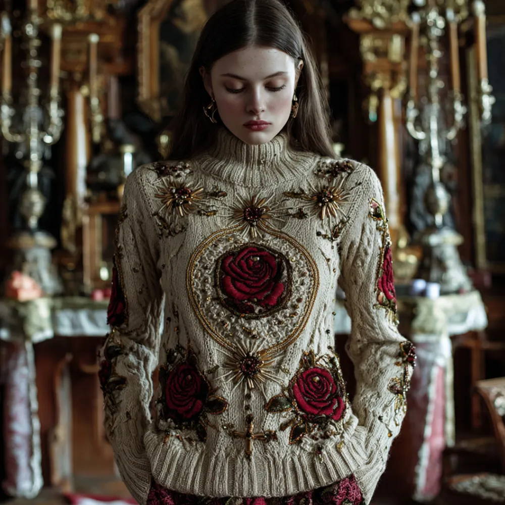 Women's Halloween Red Rose High Collar Sweater