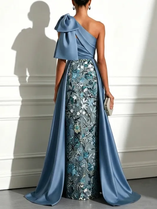 Blue Bow Satin One-Shoulder Sleeveless A-Line Gown