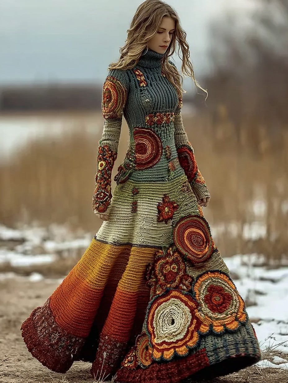 Vintage Floral Crochet Colorblock Cozy Maxi Sweater Dress