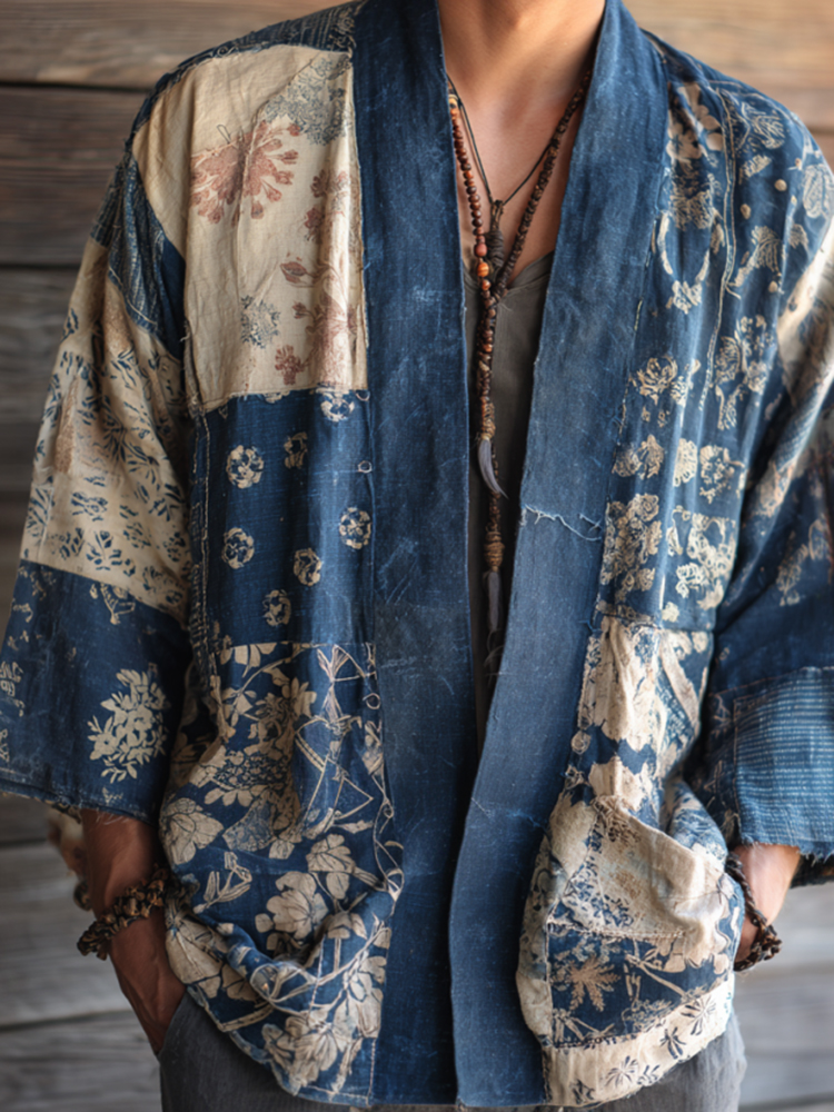 Vintage Japanese Traditional Sashiko Patchwork Art Print Cotton & Linen Blend Kimono Cardigan