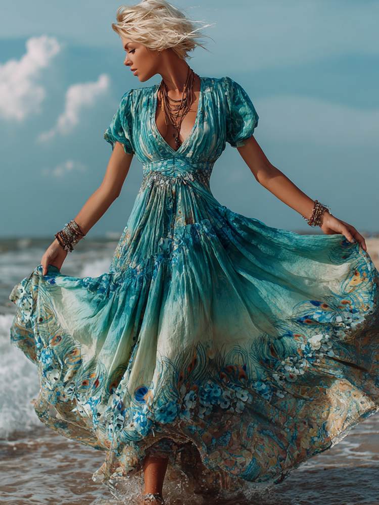 Bohemian Style Retro Peacock Feather And Plant Flower Pattern Women's Casual Cotton And Linen Dress