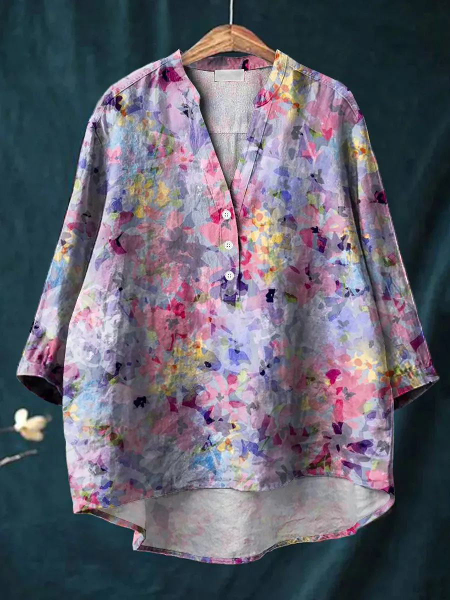 Vintage Art Flower Print Casual Cotton & Linen Ruffle Shirt